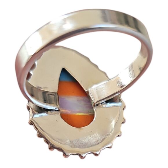 Aurora Fire Opal Stripe Inlay Blue Orange Teardrop Ring Size 11 925 Sterling - Picture 6 of 10